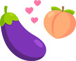 Cartoon eggplant and peach emoji icon with hearts