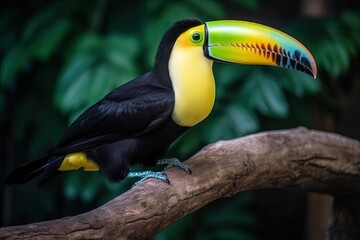 Sticker - brightly colored toucan perched on a tree branch in a lush rainforest. Generative AI