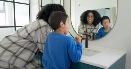 Wall Mural - Woman, child and brushing teeth in bathroom with mirror, dental care in home with toothpaste, water and hygiene. Kid, mom and toothbrush, teaching, learning and cleaning mouth morning with reflection