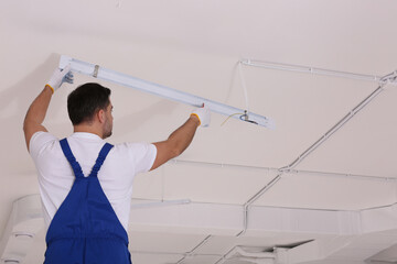 Poster - Ceiling light. Electrician installing led linear lamp indoors, back view. Space for text