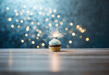 Happy Birthday Cupcake Muffin With A Sparkler, Bokeh Background, Generative Ai
