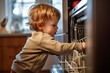 © Road Red Runner - A little boy puts dishes in a dishwasher, helping out at home. Ai generated.