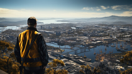 Wall Mural - Urban Builders. A worker in a helmet standing in front of construction cranes, in the style of urban cityscapes. Progress and urban development concept. AI Generative