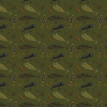 Fishing And Fly Fishing Lures Seamless Pattern. Background, Wallpaper Or Textile Pattern Design