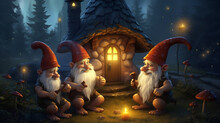 3 Dwarves Are Having A Conversation In Front Of Their Mushroom House AI Generative