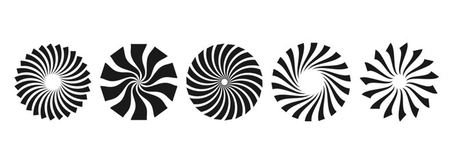 Poster - Black and white curled sunburst circles collection. Stylized radial spinning elements. Geometric round twisted rays, beams or stars pack. Vector illustration concept for banner, badge, sticker, poster