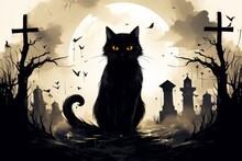 Black Cat In A Cemetery In A Creative Drawing Style. The Concept Of Superstition. AI Generated, Human Enhanced