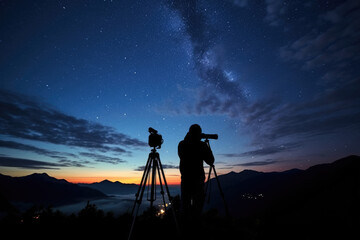 Capturing Cosmic Secrets: A Photographer with Tripod Immersed in Astrophotography, Freezing the Celestial show of Perseids and Milky Way