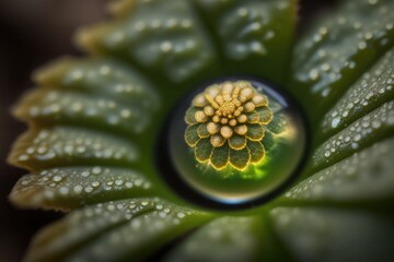 Sticker - close-up view of a green leaf covered in water droplets. Generative AI