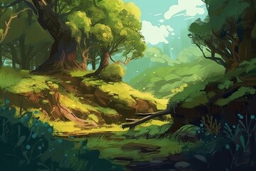 Wall Mural - serene forest landscape with a flowing stream. Generative AI