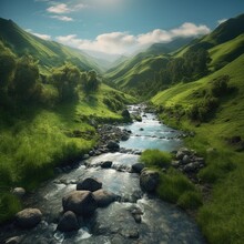 A Gentle Stream Flowing Through A Lush Green Valley Illustrating The Journey Of Emotions And Inner Peace 