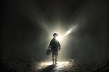 Child walking towards light in darkness