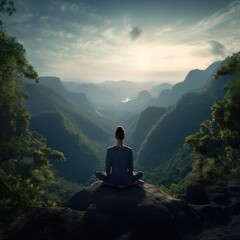a person meditating on a serene mountaintop surrounded by lush greenery