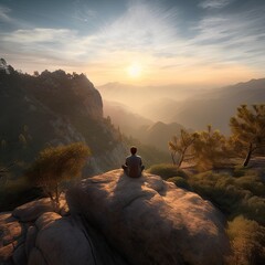 a person sitting on a mountaintop watching the sunrise and feeling a sense of inner peace