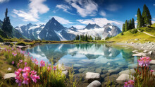 Beautiful Mountain And Lake Background, Blue Sky, Crystal Clear Water