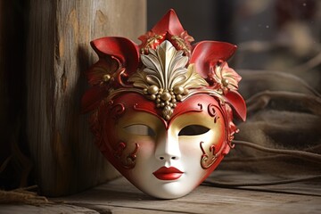 Wall Mural - vibrant red and gold masquerade mask resting on a wooden surface