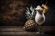 tropical drink with a pineapple garnish and a sliced pineapple on the side. Generative AI
