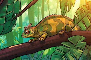 Poster - chameleon perched on a lush green branch in the midst of a jungle. Generative AI