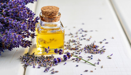 Glass bottle of Lavender essential oil with fresh lavender flowers and dried lavender seeds on white wooden rustic table, aromatherapy spa massage concept. Lavendula oleum