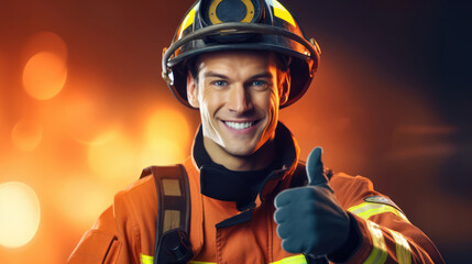 A good looking firefighter dressed in a traditional orange firefighter uniform suit showing two thumbs up