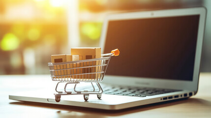 Model shopping cart and laptop keyboard on wood table in office. Morning sunlight