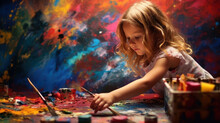 A Little Girl Passionately Paints With Paints In The Workshop
