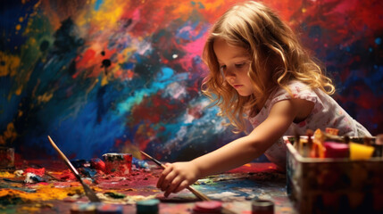 A little girl passionately paints with paints in the workshop