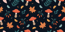 Seamless Autumn Cozy Pattern With Leaves, Mushrooms, Plants On A Dark Background. Vector Illustration