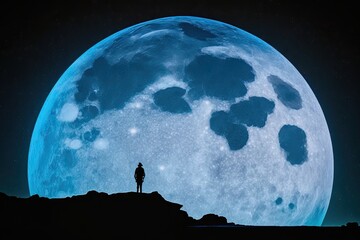 Wall Mural - person gazing at the full moon from atop a hill. Generative AI