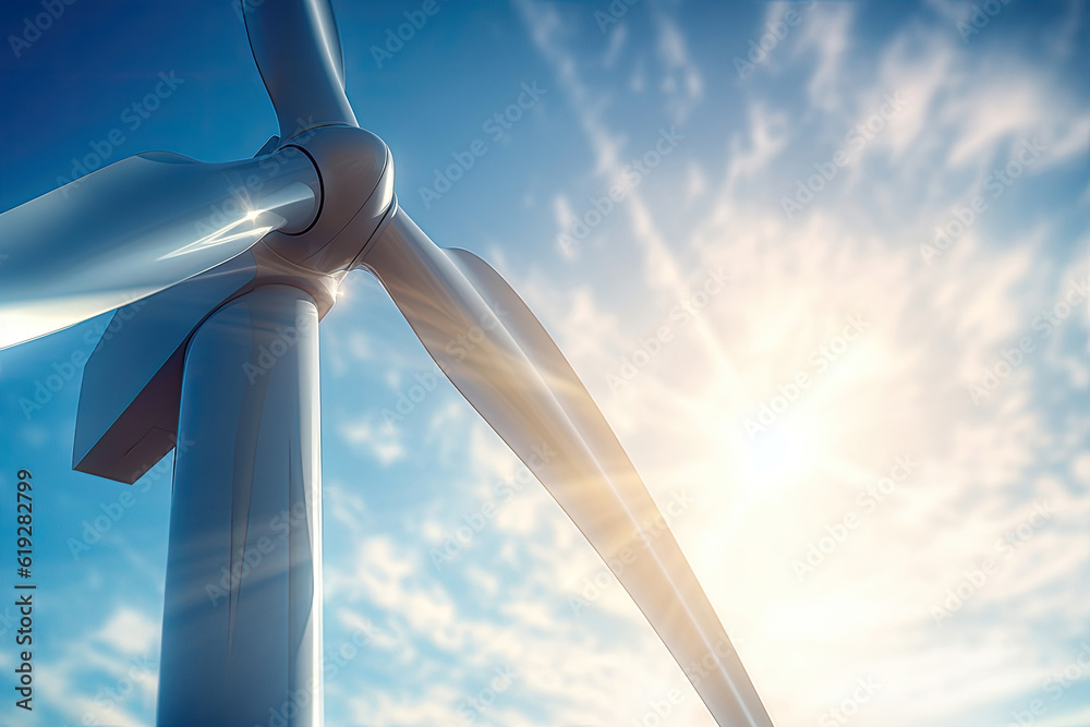 Close-up of wind turbine on blue sky background with shining sun ...