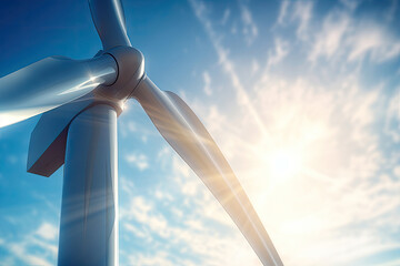 Close-up of wind turbine on blue sky background with shining sun, Generative AI