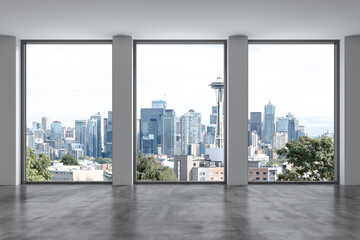 Empty room Interior Skyscrapers View. Cityscape Downtown Seattle City Skyline Buildings from High Rise Window. Beautiful Real Estate. Day time. 3d rendering.