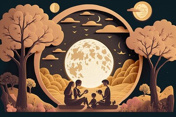 Canvas Print - romantic night scene with a couple sitting in a field under the bright full moon. Generative AI