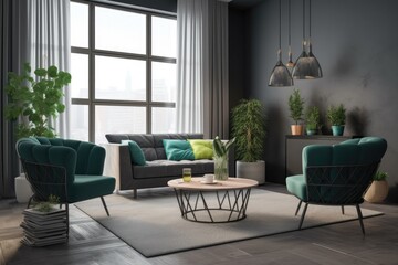 Poster - cozy living room with a large window and comfortable furniture