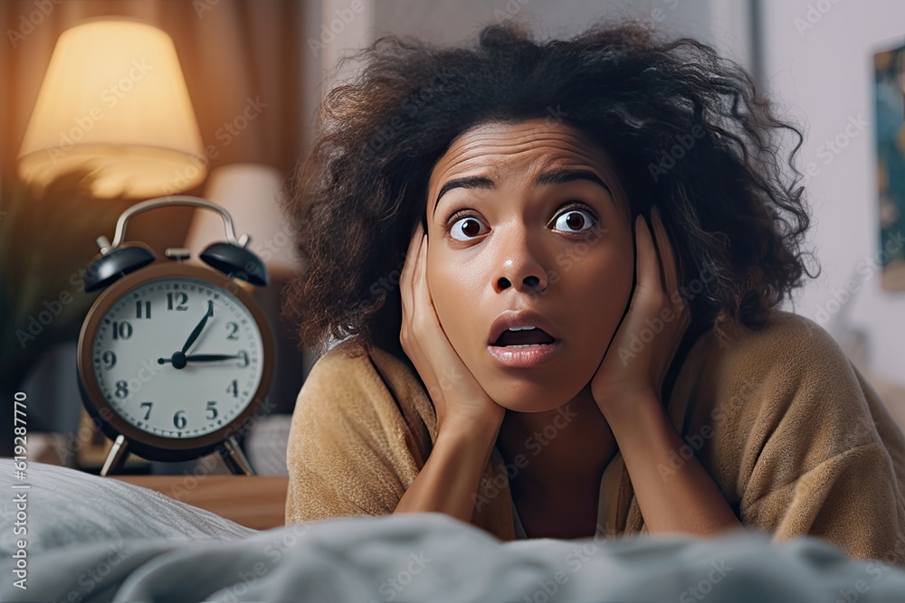Shocked african american young woman laying in bed and looking at alarm