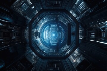 Poster - futuristic cityscape with flying vehicles and towering skyscrapers