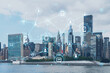 New York City skyline, United Nation headquarters over the East River, Manhattan, Midtown at day time, NYC, USA. Social media hologram. Concept of networking and establishing new people connections