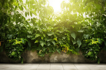 Wall Mural - Empty space surrounded on the wall by beautiful leaves and flowers and beautiful lighting. Green leaves frame. Illustration, Generative AI.