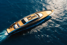 Aerial Drone Photo Of Luxury Yacht Cruise In Mediterranean Blue Sea