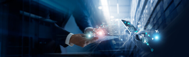 Aufkleber - Smart logistics, Businessman touch and connected data of global logistics network distribution in large warehouse and transportation on technology digital network, Innovation future of transporting