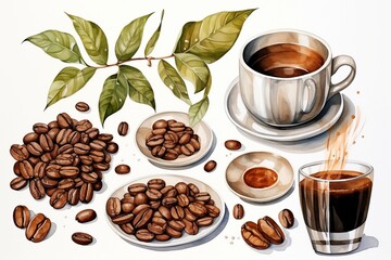 Coffee Watercolor on white background. Watercolor painting daily routine objects. Hand drawn colorful Sublimation design