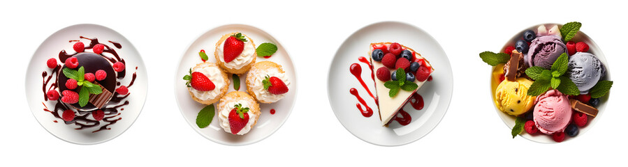 set of top view tasty delicious desserts meal food in plate, chocolate cake with raspberry, strawber