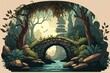 wooden footbridge crossing a river in a lush forest setting. Generative AI