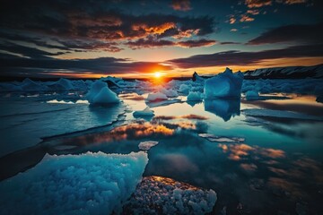Wall Mural - serene sunset over icy waters with floating icebergs. generative ai