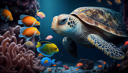 Wall Mural - Tropical sea underwater fishes on coral reef. Ai generated image