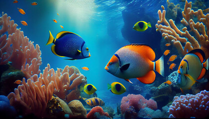 Wall Mural - Tropical sea underwater fishes on coral reef. Ai generated image