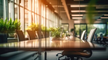 defocused conference room with plants and empty table and chairs, best for background concepts and i
