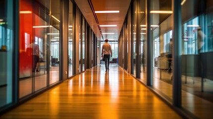 Wall Mural - Man Walking on Long empty modern office corridor with bright white light and large windows, best for background concepts and ideas for business presentation background, wallpaper and backdrop 