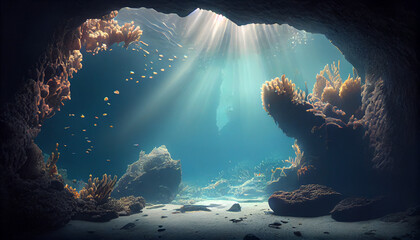Wall Mural - Underwater cave with coral reefs deep on ocean Ai generated image