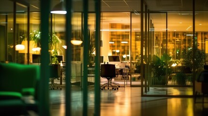 Wall Mural - night time beautiful Abstract blurred office interior room. blurry working space with defocused effect. use for background or backdrop in business concept